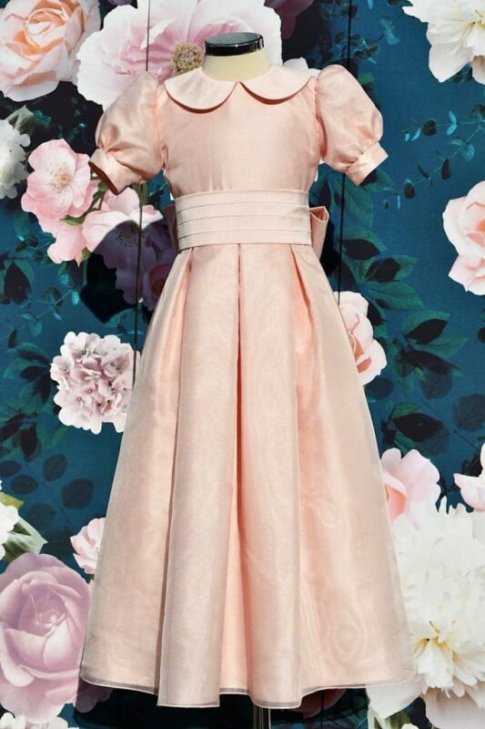 Pink Silk Flower Girl Dress at Quinn Harper Childrens Occasion Wear in Chelsea London