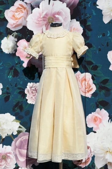 Royal Gold Silk Flower Girl Dress at Quinn Harper Childrens Occasion Wear in Chelsea London