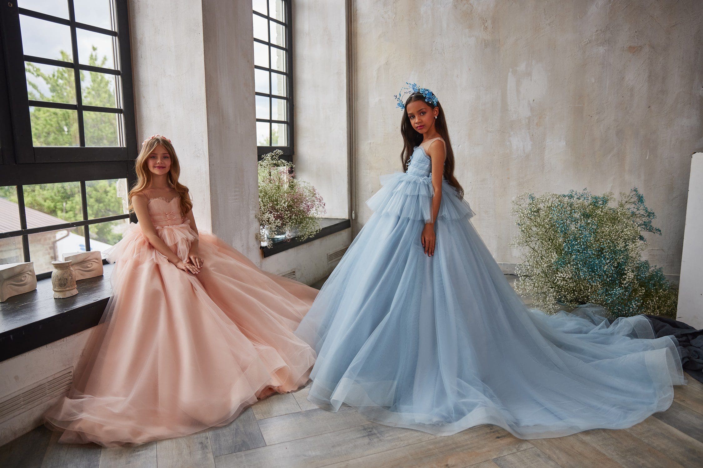 Designer Girls Pink and Blue Occasion Dresses With Frill at Quinn Harper Children's Occasion Wear in London UK