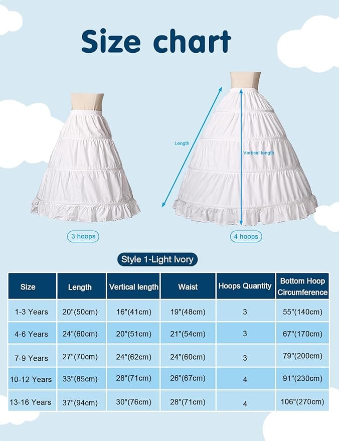 Petticoat Pure Cotton Half Slip with 3 4 Hoops Fluffy Floor Length Model 1 Size Chart